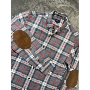 J.Crew Mens Flannel Button Down Shirt Medium Plaid Elbow‎ Patch Long Sleeve